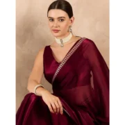 Women's Jimmy Choo solid Saree With Unstitched Blouse 5.5Mtr (Wine ) - Image 2