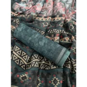 Women's Linen Cotton Printed Saree With Unstitched Blouse 5.5Mtr (Blue) - Image 2