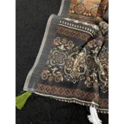 Women's Linen Cotton Printed Saree With Unstitched Blouse 5.5Mtr (Beige) - Image 3