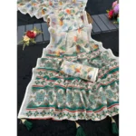 Women's Linen Cotton Printed Saree With Unstitched Blouse 5.5Mtr (Green)