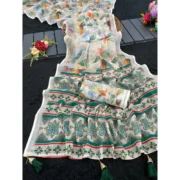 Women's Linen Cotton Printed Saree With Unstitched Blouse 5.5Mtr (Green)