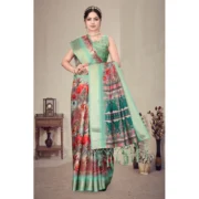 Women's Cotton Silk Printed Saree With Unstitched Blouse 5.5Mtr (Light Green) - Image 3