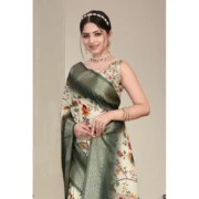 Women's Cotton Silk Printed Saree With Unstitched Blouse 5.5Mtr (Green) - Image 4
