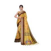 Women's Cotton Silk Printed Saree With Unstitched Blouse 5.5Mtr (Yellow)