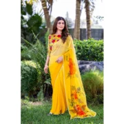 Women's Georgette Printed Saree With Unstitched Blouse 5.5Mtr (Yellow) - Image 4