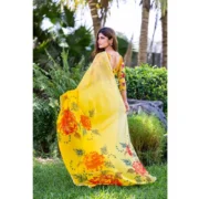 Women's Georgette Printed Saree With Unstitched Blouse 5.5Mtr (Yellow) - Image 2
