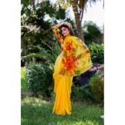 Women's Georgette Printed Saree With Unstitched Blouse 5.5Mtr (Yellow) - Image 3
