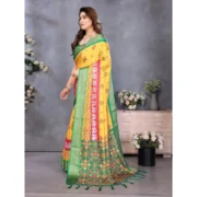 Women's Cotton Silk Printed Saree With Unstitched Blouse 5.5Mtr (Yellow) - Image 3