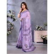 Women's Linen Cotton Printed Saree With Unstitched Blouse 5.5Mtr (Purple) - Image 4