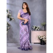 Women's Linen Cotton Printed Saree With Unstitched Blouse 5.5Mtr (Purple) - Image 2