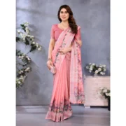 Women's Linen Cotton Printed Saree With Unstitched Blouse 5.5Mtr (Peach) - Image 3