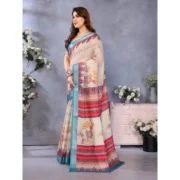 Women's Linen Cotton Printed Saree With Unstitched Blouse 5.5Mtr (Cream) - Image 4