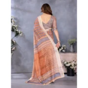 Women's Linen Cotton Printed Saree With Unstitched Blouse 5.5Mtr (Brown) - Image 3