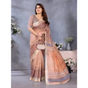 Women's Linen Cotton Printed Saree With Unstitched Blouse 5.5Mtr (Brown) - Image 4