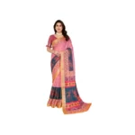 Women's Linen Cotton Printed Saree With Unstitched Blouse 5.5Mtr (Pink)