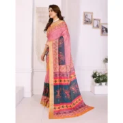 Women's Linen Cotton Printed Saree With Unstitched Blouse 5.5Mtr (Pink) - Image 4