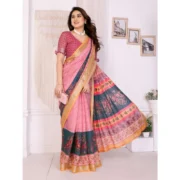Women's Linen Cotton Printed Saree With Unstitched Blouse 5.5Mtr (Pink) - Image 3
