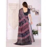 Women's Linen Cotton Printed Saree With Unstitched Blouse 5.5Mtr (Black) - Image 4