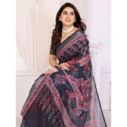 Women's Linen Cotton Printed Saree With Unstitched Blouse 5.5Mtr (Black) - Image 3