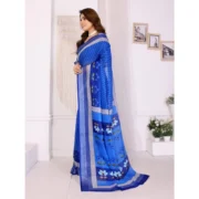 Women's Linen Cotton Printed Saree With Unstitched Blouse 5.5Mtr (Blue) - Image 3