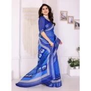 Women's Linen Cotton Printed Saree With Unstitched Blouse 5.5Mtr (Blue) - Image 2