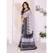 Women's Linen Cotton Printed Saree With Unstitched Blouse 5.5Mtr (White & Black) - Image 4