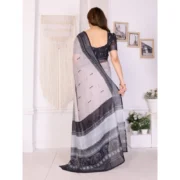 Women's Linen Cotton Printed Saree With Unstitched Blouse 5.5Mtr (White & Black) - Image 3