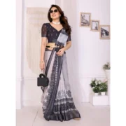 Women's Linen Cotton Printed Saree With Unstitched Blouse 5.5Mtr (White & Black) - Image 2