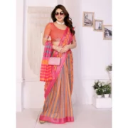 Women's Linen Cotton Printed Saree With Unstitched Blouse 5.5Mtr (Orange ) - Image 2