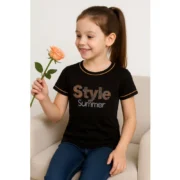 Girl's Cotton Printeded Round Neck T-Shirt (Black) - Image 4