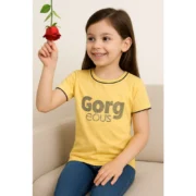 Girl's Cotton Printeded Round Neck T-Shirt (Yellow) - Image 3