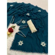Women's Chiffon Butti Dotted Saree With Unstitched Blouse 5.5Mtr (Blue) - Image 2