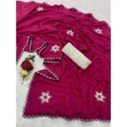 Women's Chiffon Butti Dotted Saree With Unstitched Blouse 5.5Mtr (Pink) - Image 2