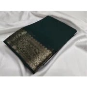 Women's Crepe Chit Pallu Solid Saree With Unstitched Blouse 5.5Mtr (Bottle Green)