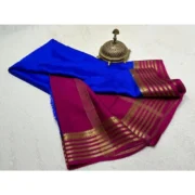 Women's Crepe Chit Pallu Solid Saree With Unstitched Blouse 5.5Mtr (Navy Blue) - Image 2