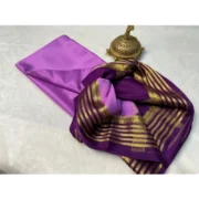 Women's Crepe Chit Pallu Solid Saree With Unstitched Blouse 5.5Mtr (Dark Purple) - Image 2