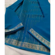 Women's Crepe Chit Pallu Solid Saree With Unstitched Blouse 5.5Mtr (teal blue) - Image 2
