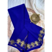 Women's Crepe Chit Pallu Solid Saree With Unstitched Blouse 5.5Mtr (Navy Blue) - Image 2