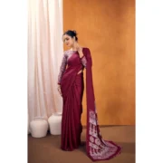 Women's Satin Crepe Printed Saree With Unstitched Blouse 5.5Mtr (Maroon) - Image 4