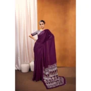 Women's Satin Crepe Printed Saree With Unstitched Blouse 5.5Mtr (Purple) - Image 4
