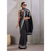Women's Satin Crepe Printed Saree With Unstitched Blouse 5.5Mtr (Black) - Image 3