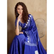 Women's Satin Crepe Printed Saree With Unstitched Blouse 5.5Mtr (Navy Blue) - Image 2