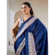Women's Satin Crepe Printed Saree With Unstitched Blouse 5.5Mtr (Blue) - Image 3