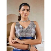 Women's Satin Crepe Printed Saree With Unstitched Blouse 5.5Mtr (Blue) - Image 2