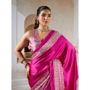 Women's Satin Crepe Printed Saree With Unstitched Blouse 5.5Mtr (Pink) - Image 3