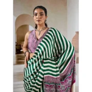 Women's Satin Crepe Printed Saree With Unstitched Blouse 5.5Mtr (Green) - Image 3
