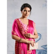 Women's Satin Crepe Printed Saree With Unstitched Blouse 5.5Mtr (Pink) - Image 3
