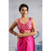 Women's Satin Crepe Printed Saree With Unstitched Blouse 5.5Mtr (Pink) - Image 2
