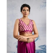 Women's Satin Crepe Printed Saree With Unstitched Blouse 5.5Mtr (Purple) - Image 2