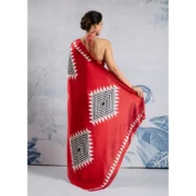 Women's Satin Crepe Printed Saree With Unstitched Blouse 5.5Mtr (Red) - Image 4